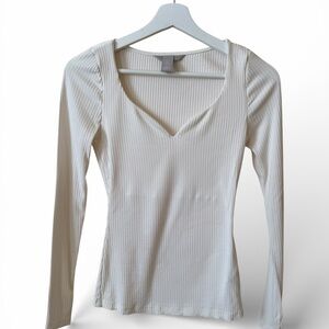 Ribbed V-Neck Long Sleeve Top - Cream